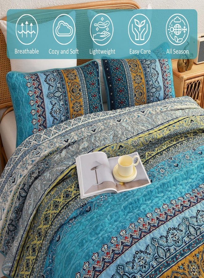 WONGS BEDDING Boho King Size Quilts 3 Pieces, Teal Bedspreads Bedding Set with Floral Printed, Soft Lightweight Bedspread Bohemian Striped Quilt All Season (King, 104"x90") - Image 4