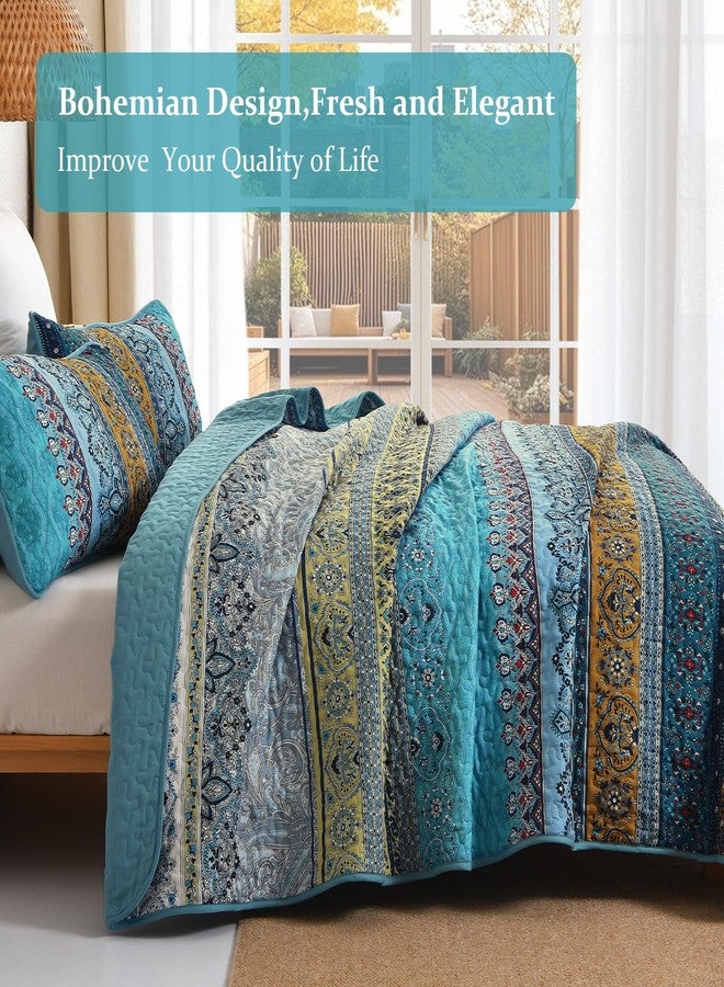 WONGS BEDDING Boho King Size Quilts 3 Pieces, Teal Bedspreads Bedding Set with Floral Printed, Soft Lightweight Bedspread Bohemian Striped Quilt All Season (King, 104"x90") - Image 3