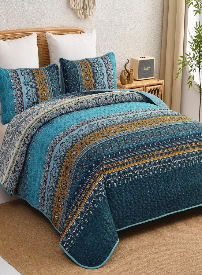 WONGS BEDDING Boho King Size Quilts 3 Pieces, Teal Bedspreads Bedding Set with Floral Printed, Soft Lightweight Bedspread Bohemian Striped Quilt All Season (King, 104"x90") - Image 2