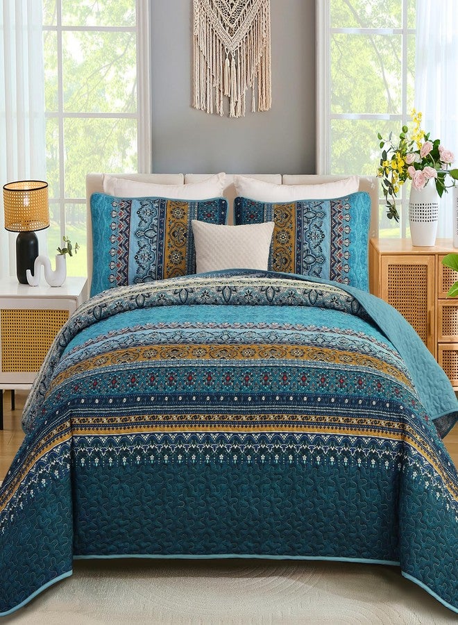 WONGS BEDDING Boho King Size Quilts 3 Pieces, Teal Bedspreads Bedding Set with Floral Printed, Soft Lightweight Bedspread Bohemian Striped Quilt All Season (King, 104"x90") - Image 1