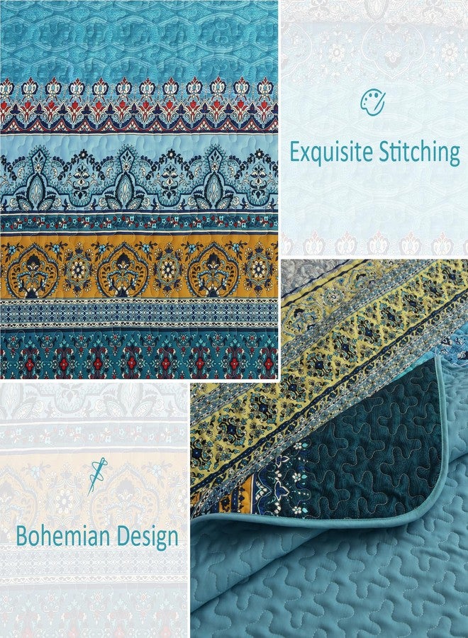 WONGS BEDDING Boho King Size Quilts 3 Pieces, Teal Bedspreads Bedding Set with Floral Printed, Soft Lightweight Bedspread Bohemian Striped Quilt All Season (King, 104"x90") - Image 5