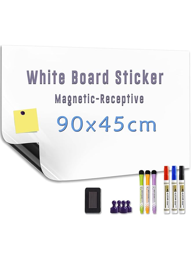 erorex Magnetic White Board Sticker Adhesive Backing 90X45Cm Dry Erase Board For Wall Whiteboard Contact Paper For Office Home Door Include Marker Magnet Eraser  - Image 1