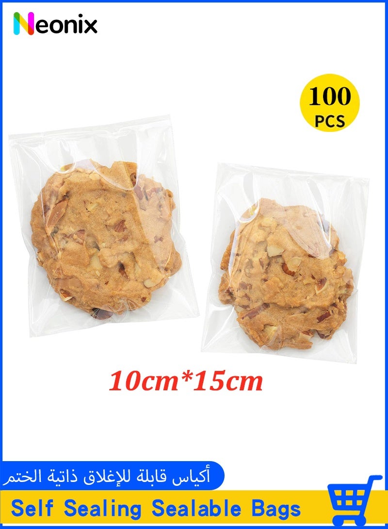 Neonix Clear Self Sealing Cellophane Bags,10x15 cm 100 Pcs Cookie Bags Resealable Cellophane Bag for Packaging Cookies, Candy and Products - Image 1