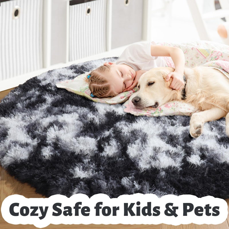 Amdrebio Black White Grey Round Rug 4Ft Circle Area Rugs for Bedroom Living Room, Fluffy Fuzzy Shaggy Furry Rugs for Kids Room Dorm Home Office, Shag Plush Floor Modern Cool Carpet for Men Teen Boys - Image 4