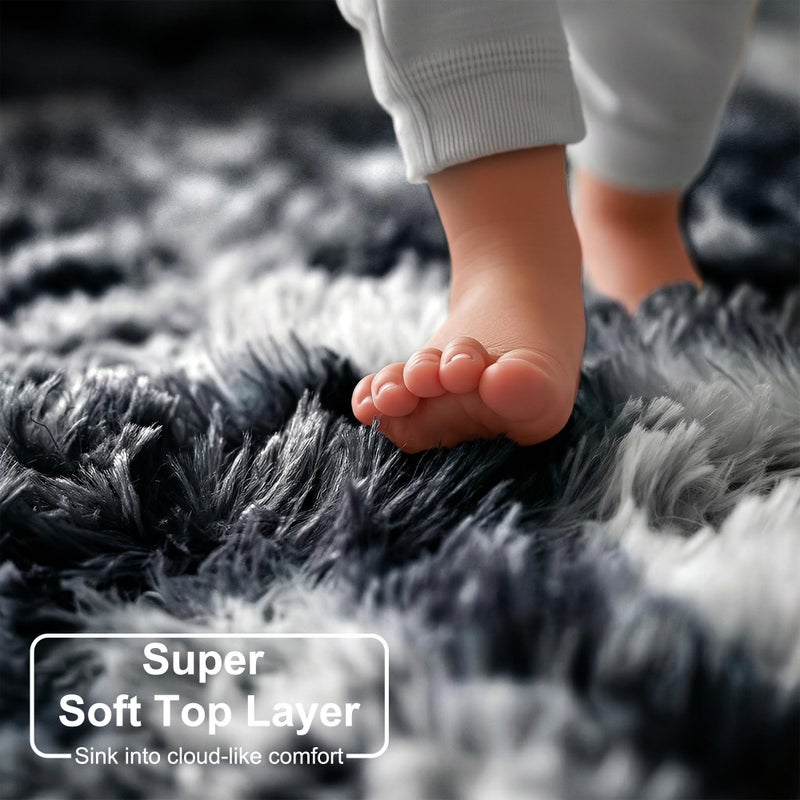 Amdrebio Black White Grey Round Rug 4Ft Circle Area Rugs for Bedroom Living Room, Fluffy Fuzzy Shaggy Furry Rugs for Kids Room Dorm Home Office, Shag Plush Floor Modern Cool Carpet for Men Teen Boys - Image 2