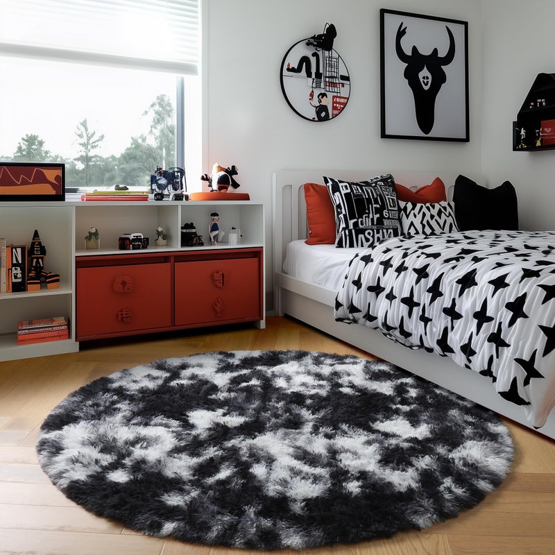 Amdrebio Black White Grey Round Rug 4Ft Circle Area Rugs for Bedroom Living Room, Fluffy Fuzzy Shaggy Furry Rugs for Kids Room Dorm Home Office, Shag Plush Floor Modern Cool Carpet for Men Teen Boys - Image 3