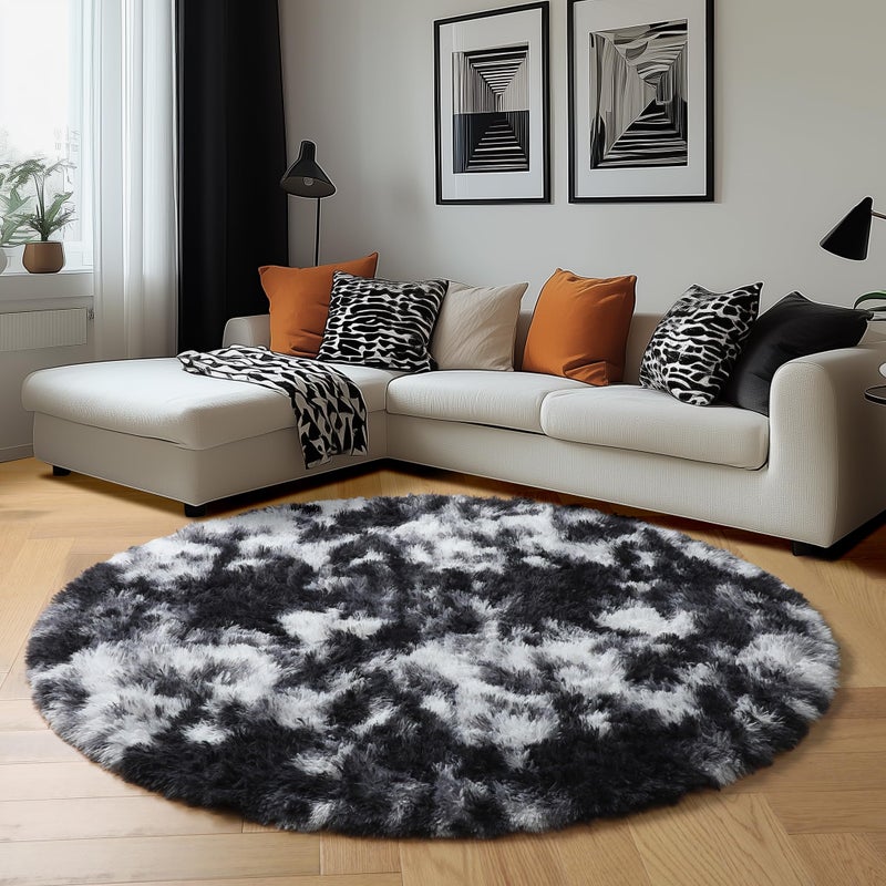 Amdrebio Black White Grey Round Rug 4Ft Circle Area Rugs for Bedroom Living Room, Fluffy Fuzzy Shaggy Furry Rugs for Kids Room Dorm Home Office, Shag Plush Floor Modern Cool Carpet for Men Teen Boys - Image 5