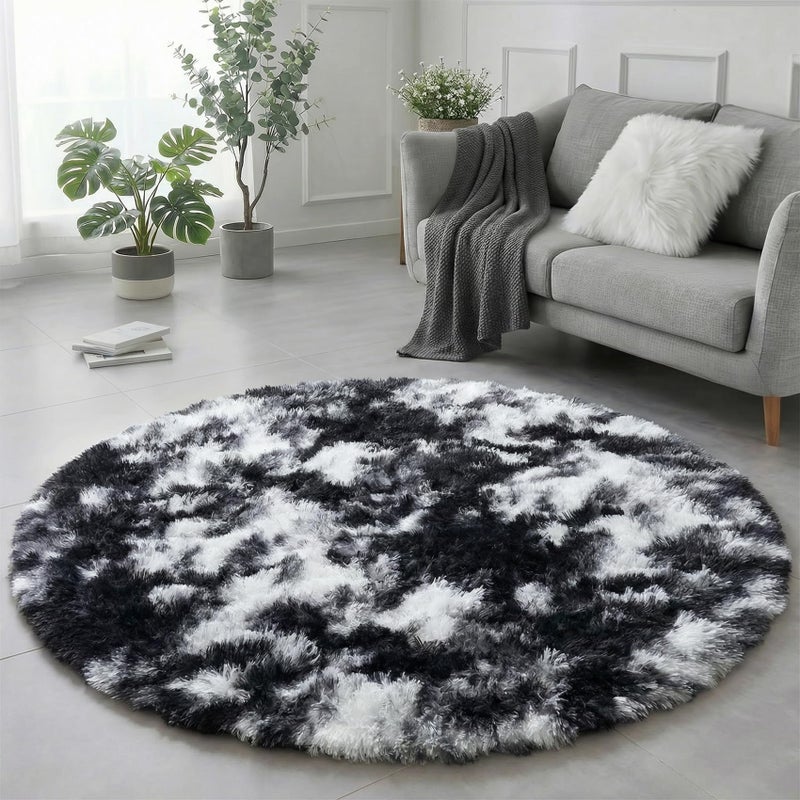 Amdrebio Black White Grey Round Rug 4Ft Circle Area Rugs for Bedroom Living Room, Fluffy Fuzzy Shaggy Furry Rugs for Kids Room Dorm Home Office, Shag Plush Floor Modern Cool Carpet for Men Teen Boys - Image 1