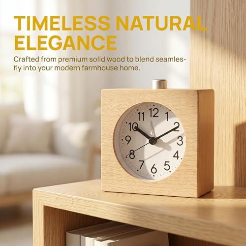 Lancoon Wooden Alarm Clock Silent NonTicking with Wood Body Night Light Snooze Function Battery Operated for Heavy Sleepers Bedroom Yellow - Image 3