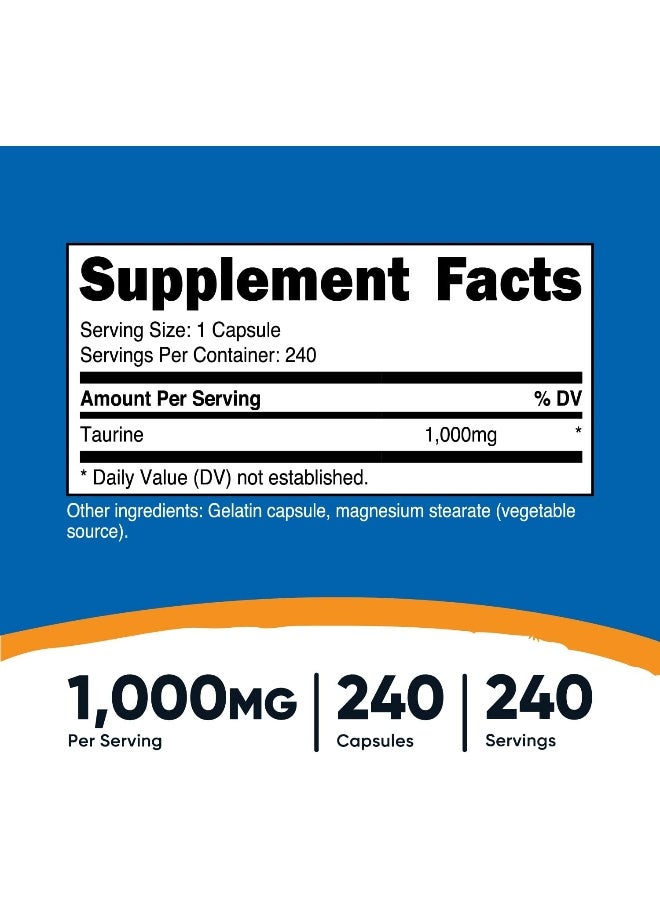 Nutricost Taurine 1000mg Capsules Supplement, 240 Capsules Per Bottle, Non-GMO And Gluten Free - Image 2