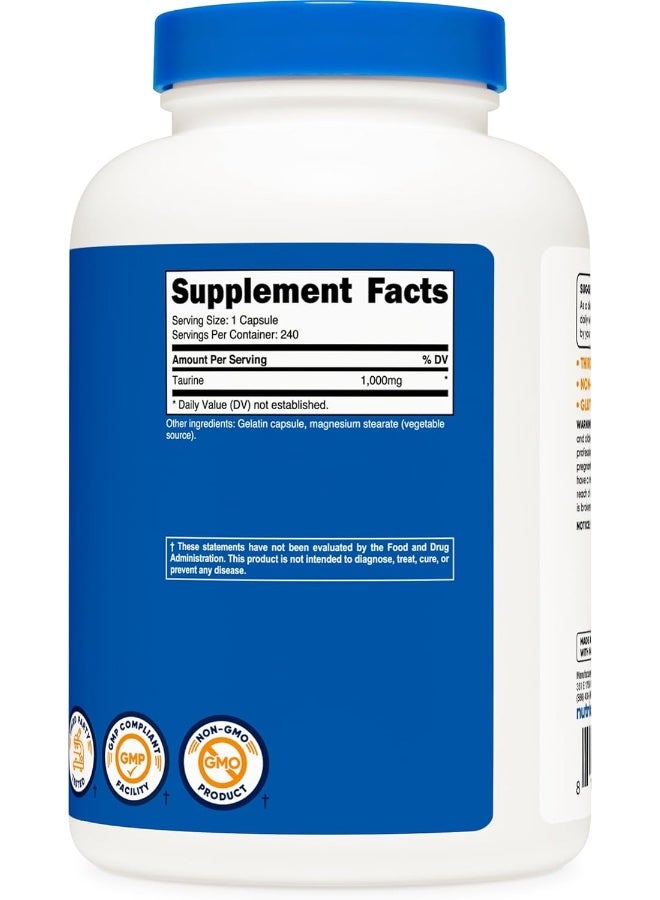 Nutricost Taurine 1000mg Capsules Supplement, 240 Capsules Per Bottle, Non-GMO And Gluten Free - Image 5
