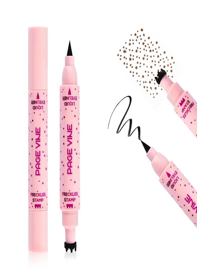 VOLLUCK 2 In 1 Dual Ended Freckle Stamp Pen & Eye Liners, Natural Faux Freckles Kit Liquid Eyeliner for Women, Long Lasting Face Freckles Pen Waterproof Makeup (Dark Brown) - Image 1