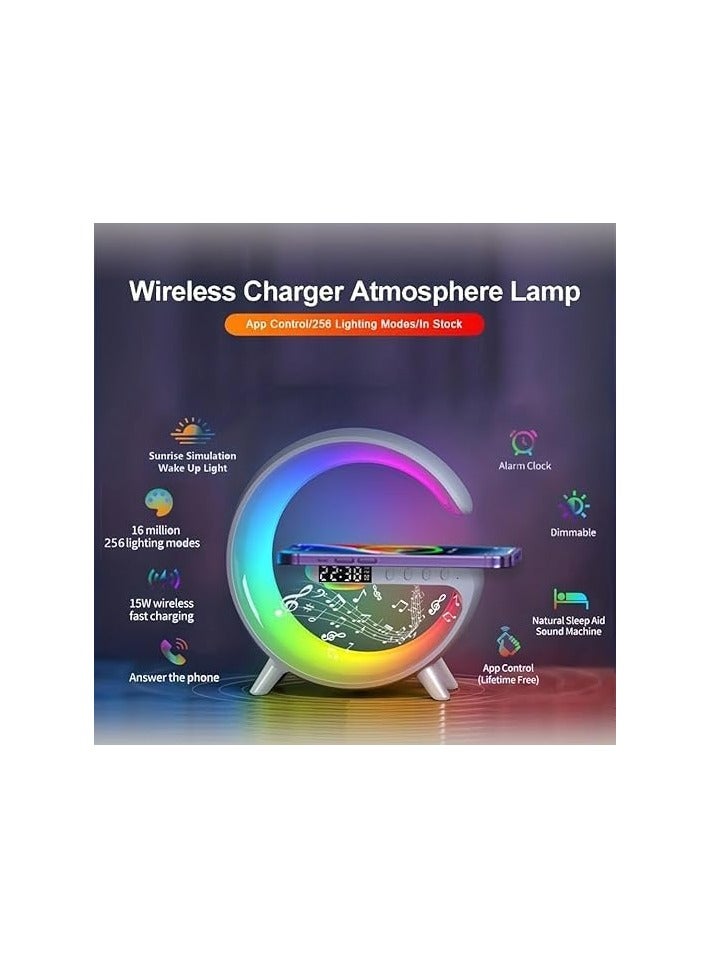 Wireless Charger Atmosphere Lamp, New Intelligent LED Table Bluetooth Speaker, Dimmable Night Light Touch Lamp Alarm Clock for Home Office Study Bedside Charging Lamp for Bedroom Home Decor (white) - Image 3