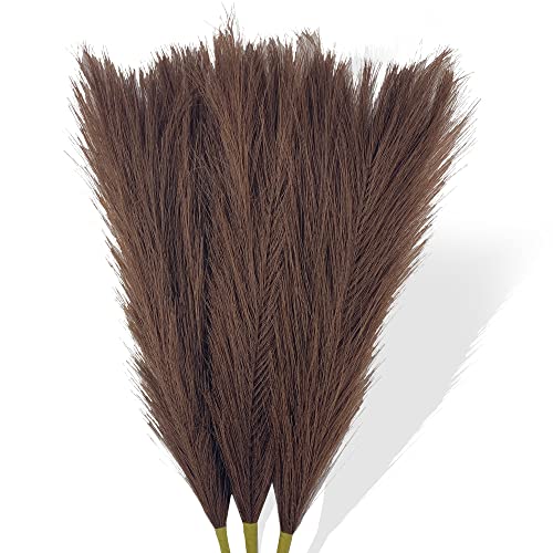 Faux Pampas Grass Small 17 Dark Brown Artificial Pampas Grass Fluffy 3 Pcs pompous Grass Flower Arrangement and Vase Filler for Boho Home Wedding Decoration