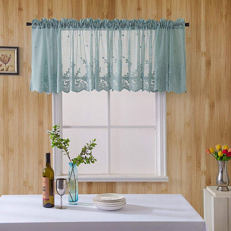 XSlive Boho Lace Small Window Curtain Valance Embroidered Solid Color Farmhouse Light Filtering Small Window Tier for Kitchen Living Room,1 Piece (Blue,29" W x 24" L) - Image 3