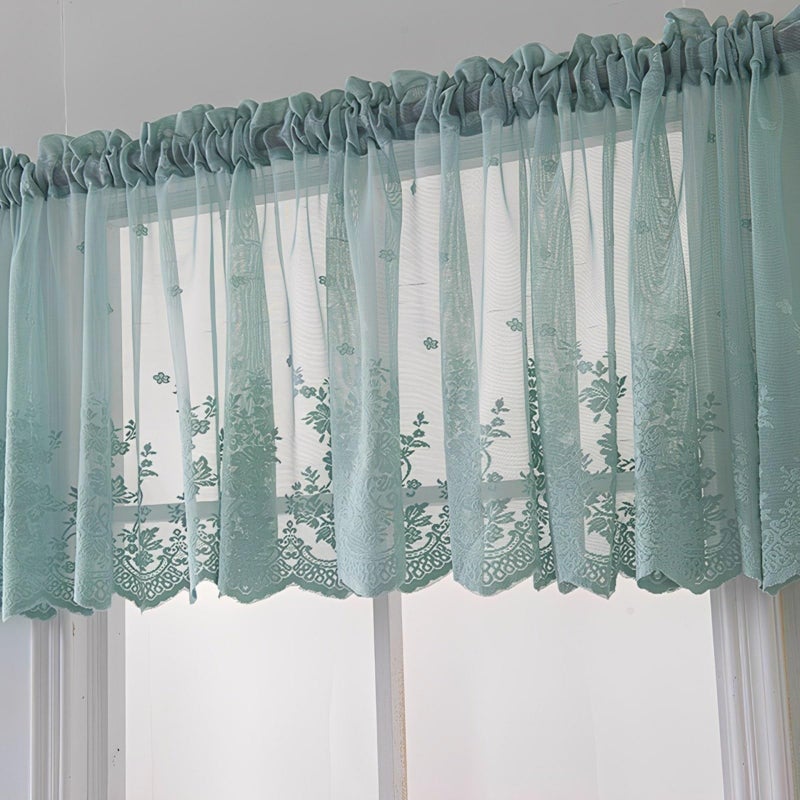 XSlive Boho Lace Small Window Curtain Valance Embroidered Solid Color Farmhouse Light Filtering Small Window Tier for Kitchen Living Room,1 Piece (Blue,29" W x 24" L) - Image 1