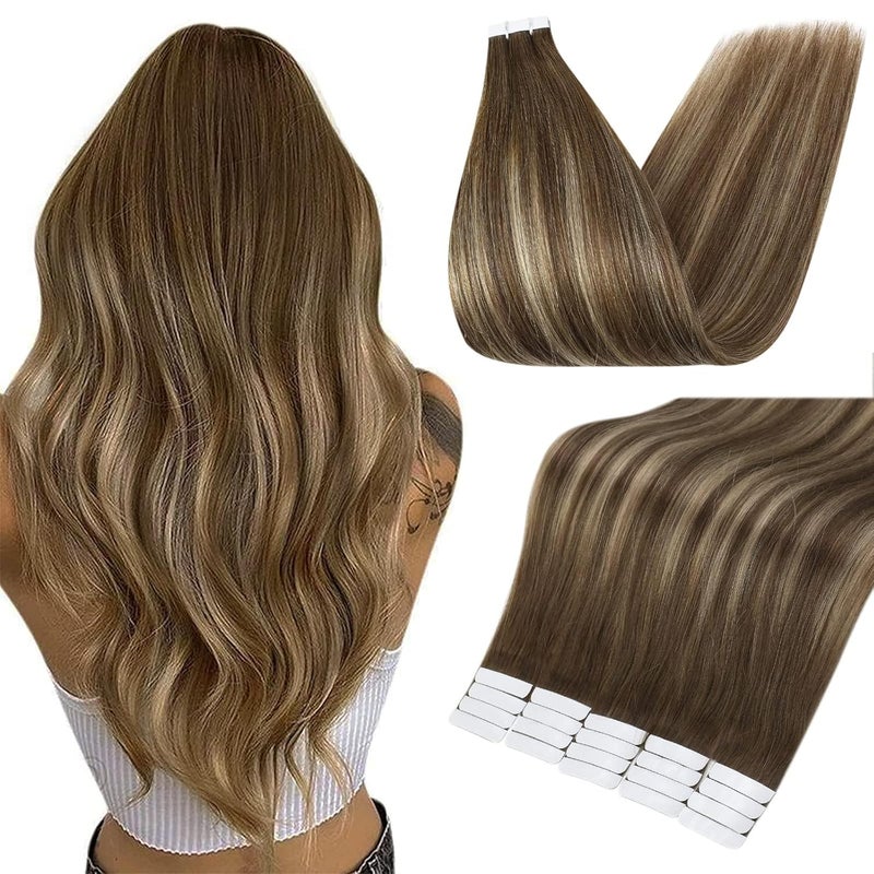 Full Shine Tape in Hair Extensions Real Human Hair 18 Inch Tape in Human Hair Extensions Balayage Color 4 Fading to 24 Caramel Blonde and 4 Medium Brown 50 Grams Tape in Extensions Human Hair 20 PCS