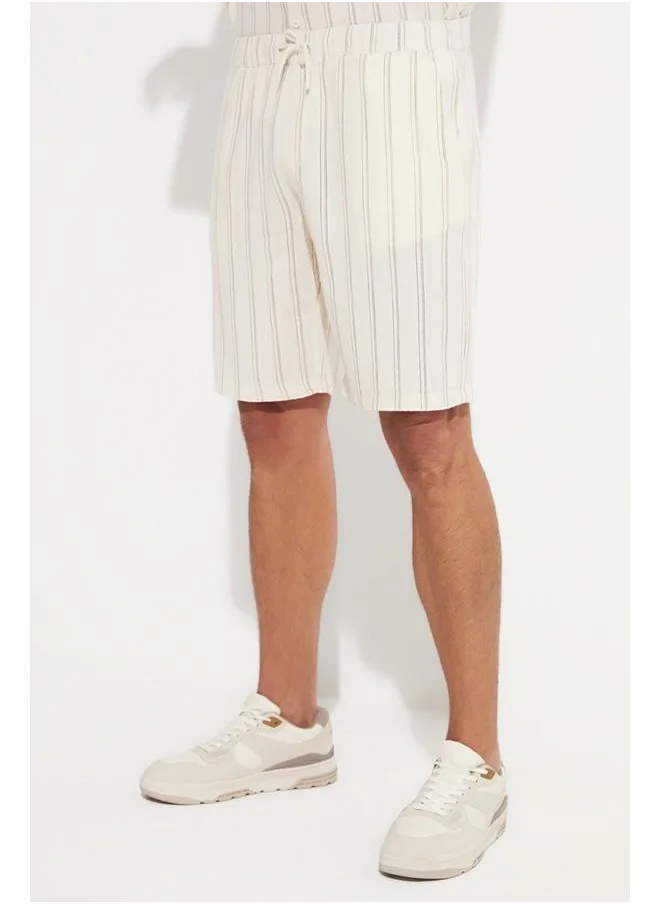 JUNE June Men Regular Fit Linen Look Striped Short Ecru - Black