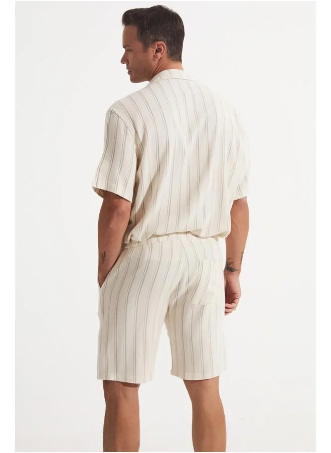 JUNE June Men Regular Fit Linen Look Striped Short Ecru - Black