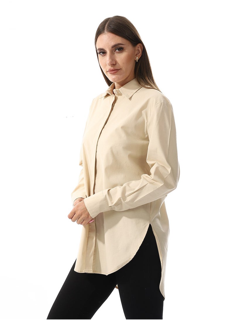 Andora - Hidden Button Placket Plain Shirt _ Beige - Image 1