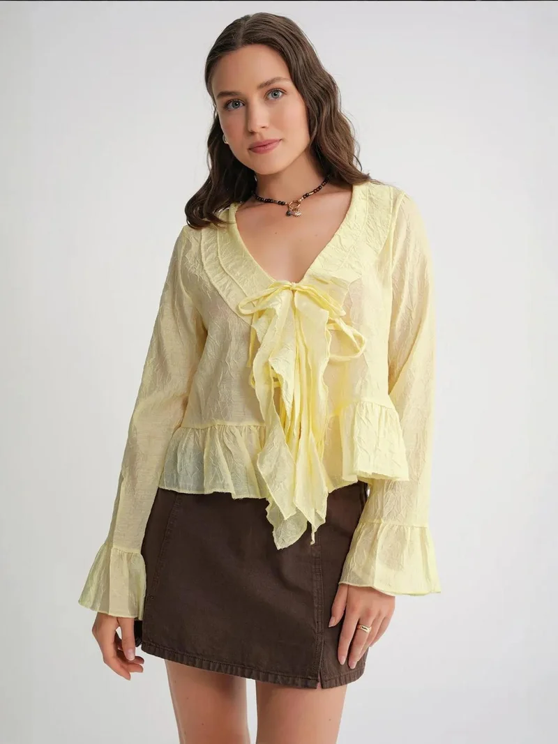 MixRay Mixray V-Neck Ruffle Blouse with Drawstring