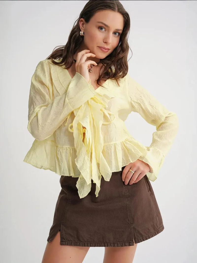 MixRay Lemon Yellow Mixray V-Neck Ruffle Blouse with Drawstring for Women | Best Price UAE