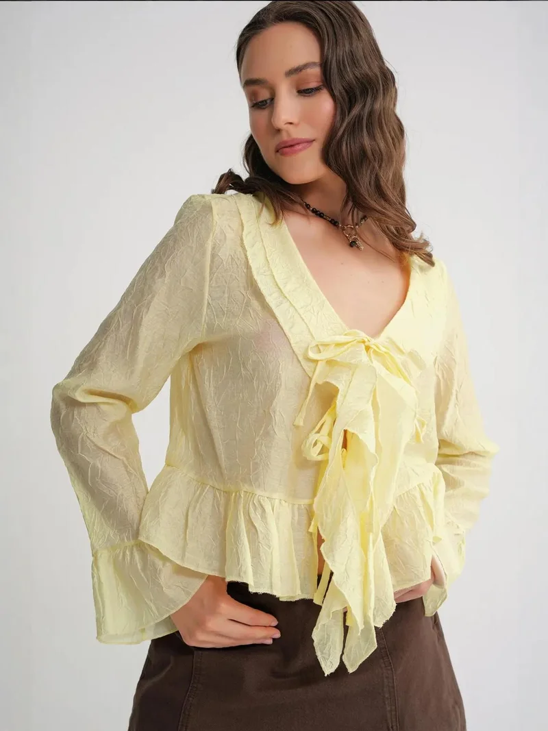 MixRay Lemon Yellow Mixray V-Neck Ruffle Blouse with Drawstring for Women | Best Price UAE