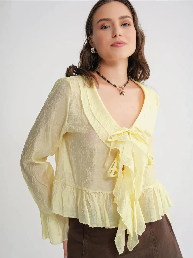 MixRay Lemon Yellow Mixray V-Neck Ruffle Blouse with Drawstring for Women | Best Price UAE