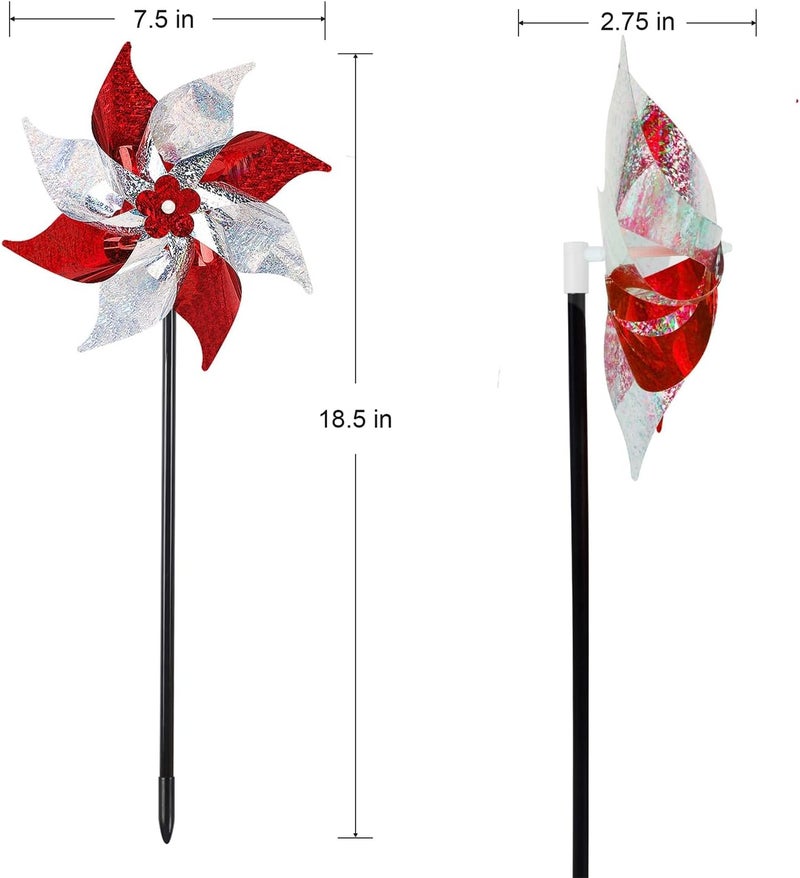 Hausse 10 Pack Reflective Pinwheels, Extra Sparkly Wind Sculptures for Garden Christmas Holiday Winter Decor, Bird Devices Deterrent to Scare Birds Away from Yard Patio Farm, Red & Silver - Image 3