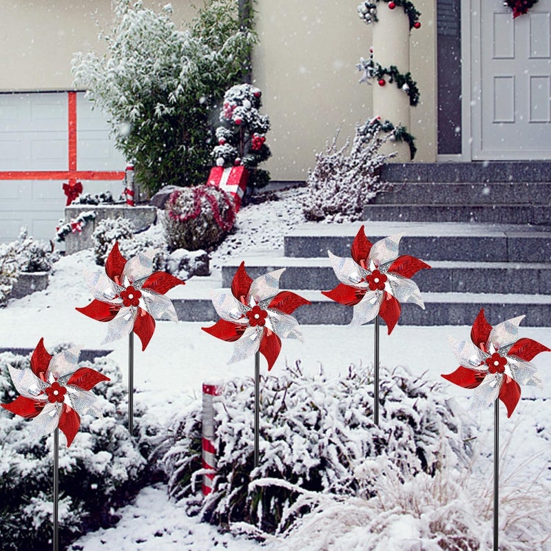 Hausse 10 Pack Reflective Pinwheels, Extra Sparkly Wind Sculptures for Garden Christmas Holiday Winter Decor, Bird Devices Deterrent to Scare Birds Away from Yard Patio Farm, Red & Silver - Image 4