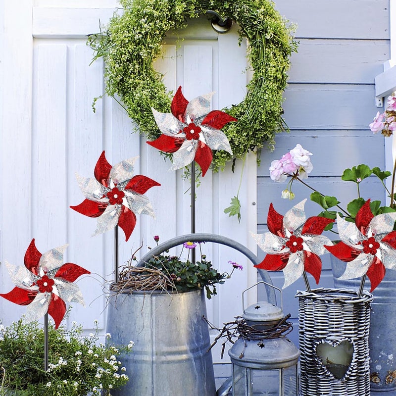 Hausse 10 Pack Reflective Pinwheels, Extra Sparkly Wind Sculptures for Garden Christmas Holiday Winter Decor, Bird Devices Deterrent to Scare Birds Away from Yard Patio Farm, Red & Silver - Image 2