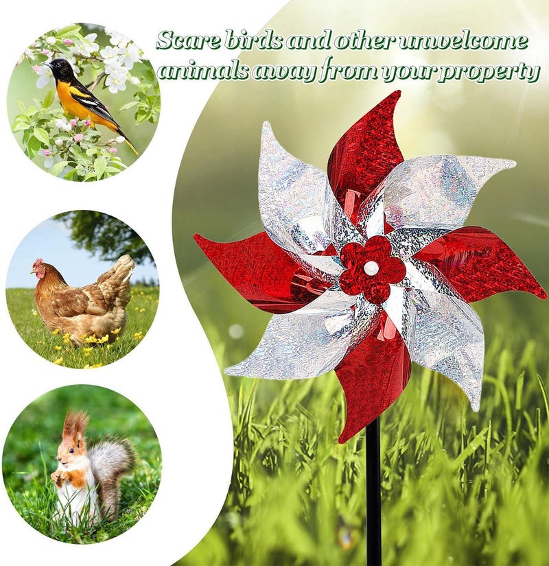 Hausse 10 Pack Reflective Pinwheels, Extra Sparkly Wind Sculptures for Garden Christmas Holiday Winter Decor, Bird Devices Deterrent to Scare Birds Away from Yard Patio Farm, Red & Silver - Image 5