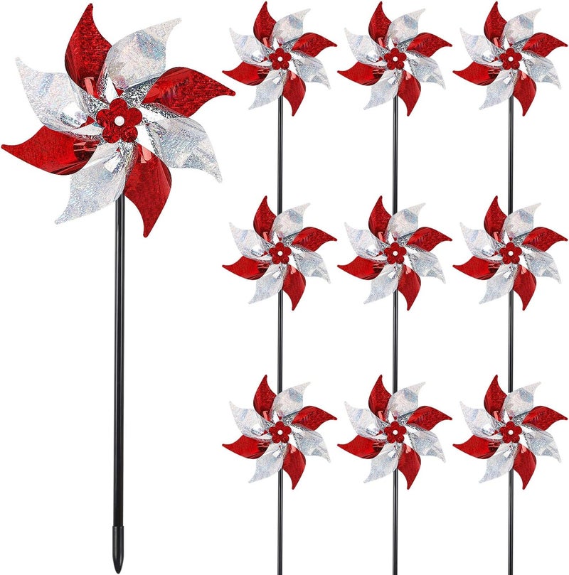 Hausse 10 Pack Reflective Pinwheels, Extra Sparkly Wind Sculptures for Garden Christmas Holiday Winter Decor, Bird Devices Deterrent to Scare Birds Away from Yard Patio Farm, Red & Silver - Image 1