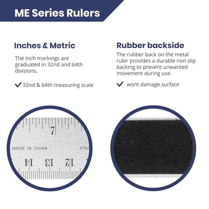 Pacific Arc Stainless Steel 12 Inch Metal Ruler Non-Slip Rubber Back, with Inch and Metric Graduations - Image 3