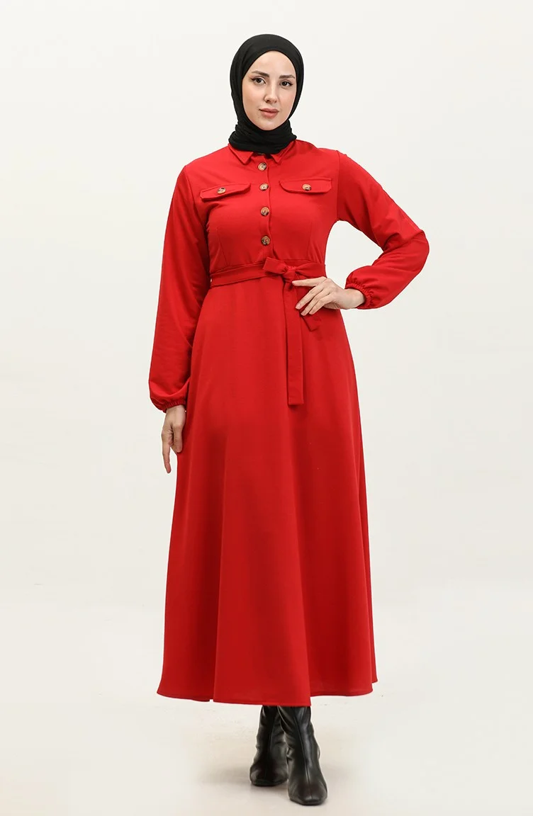 Sefa Merve Pocket Detailed Couture Dress 0331-04 Red