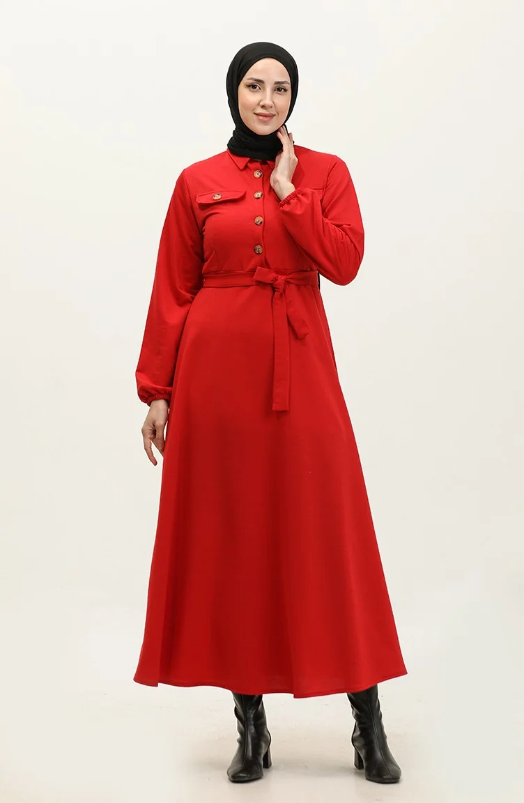 Sefa Merve Pocket Detailed Couture Dress 0331-04 Red