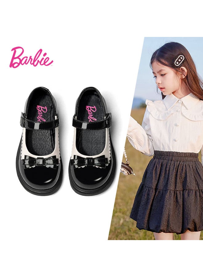 Barbie Girls' Spring And Autumn Black Leather Shoes Student Classic All-match Stage Bright Leather Shoes Da6716 Black Size 27 - Image 1
