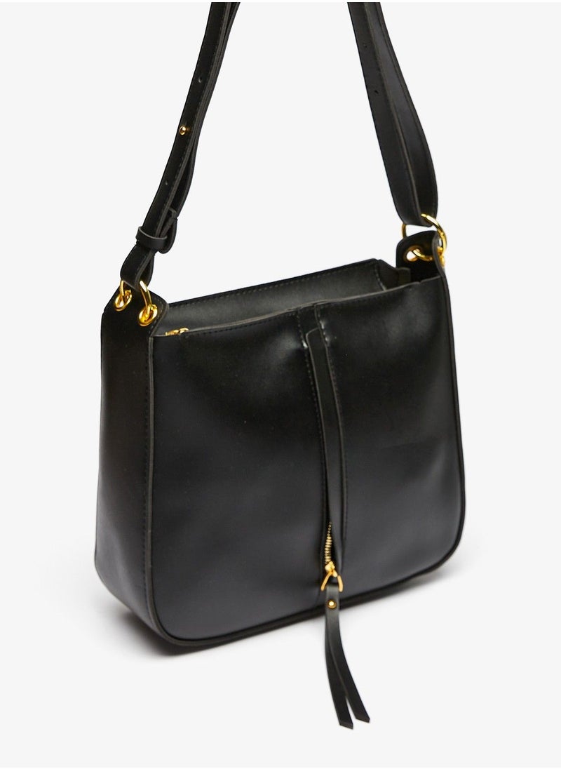 shoexpress - Shoexpress Solid Tote Bag with Detachable Strap and Zip Closure Black - Image 1