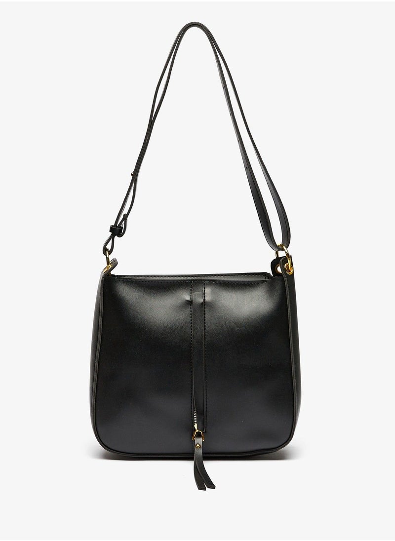 shoexpress - Shoexpress Solid Tote Bag with Detachable Strap and Zip Closure Black - Image 1