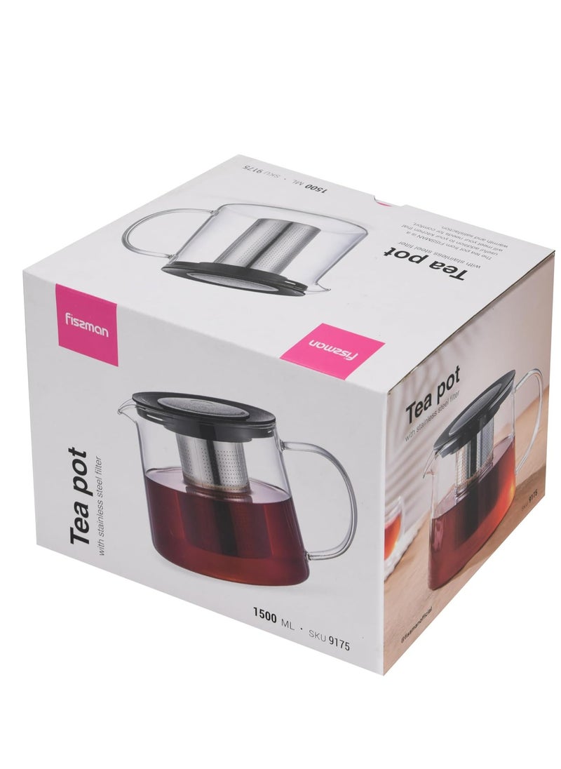 Fissman Glass Tea Pot with Stainless Steel Filter 1500mL, Borosilicate Glass Tea Pot Infuser, Great For Loose Leaf Tea, Blooming Tea, Tea Bags & Fruit Infused Water  - Image 5