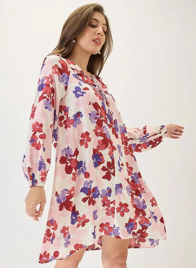 globus Floral Print Ruffled Long Sleeve Mini Dress