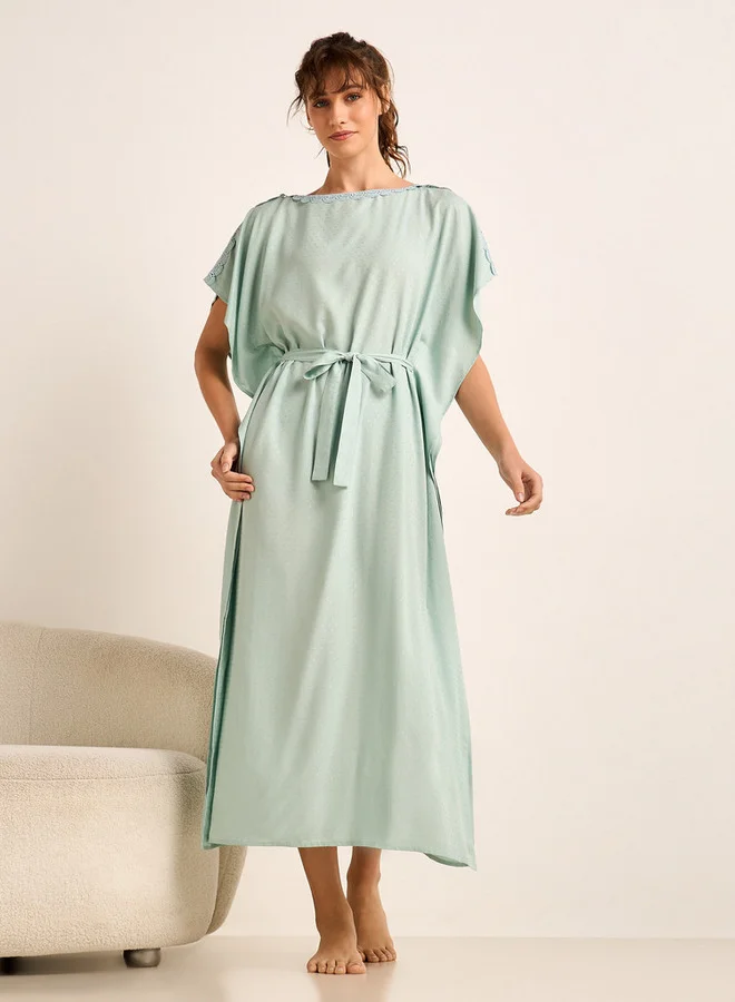 Splash FAV Midi Kaftan Night Dress Short Sleeves Lace Trim Viscose