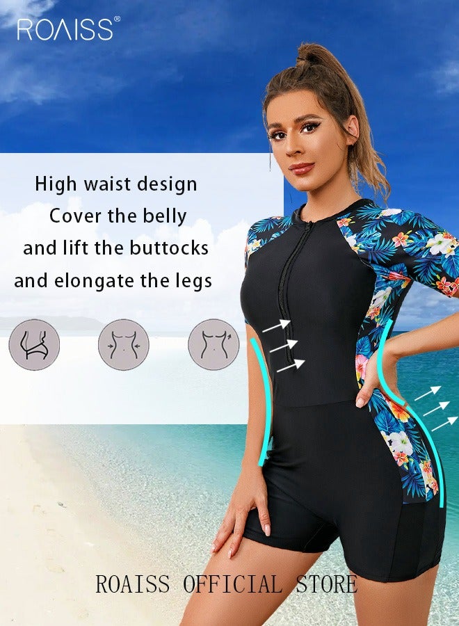 roaiss Women One Piece Swimsuit Color Block Surf Clothes Short Sleeve Swimwear Conservative Beachwear Bathing Suit Sports Suits Jumpsuit - Image 3