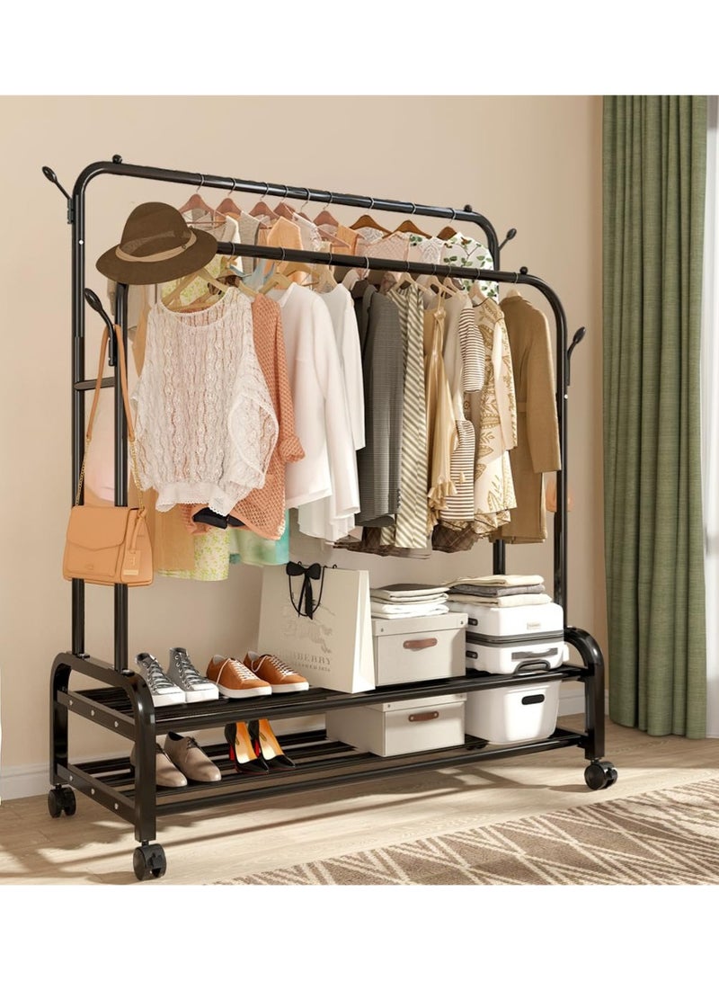 AGD Metal clothes organizer and rack, with wheels, and two shelves below for shoes and boxes, 110x57x150 cm - Image 1