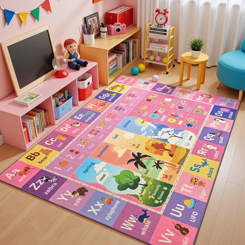 Macgace ABC Kids Rug for Playroom, 3x5 Pink Purple Washable Classroom Area Rugs, Toddler Educational Play Mat with Alphabet Numbers Seasons Shapes, Learning Fun for Preschool Children - Image 1