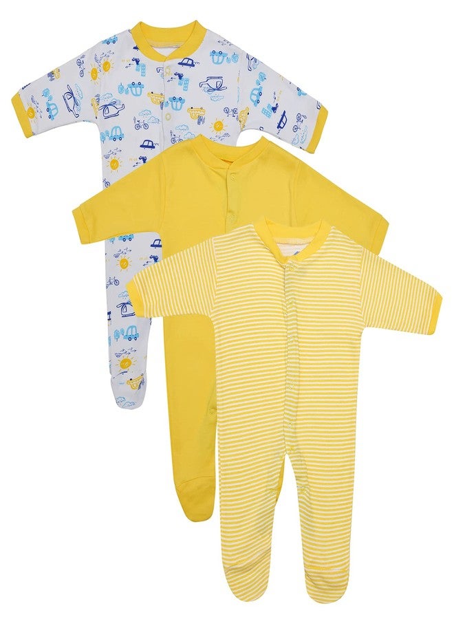 Magic Town® 100% Hosiery Cotton Unisex Long Sleeve Sleep Suit Romper for Boys Girls and Infants Set of 3 (multi color, Yellow) (Newborn) - Image 1
