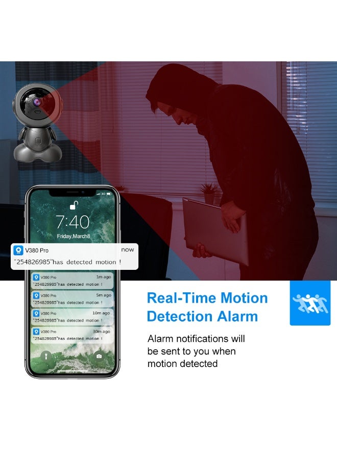 Equipped with a 3-megapixel (3PM) HD Wifi robot camera with 360° panoramic view, automatic rotation tracking, HD night vision, two-way intercom, and support for TF card/cloud storage, suitable for home/store/office security - Image 3