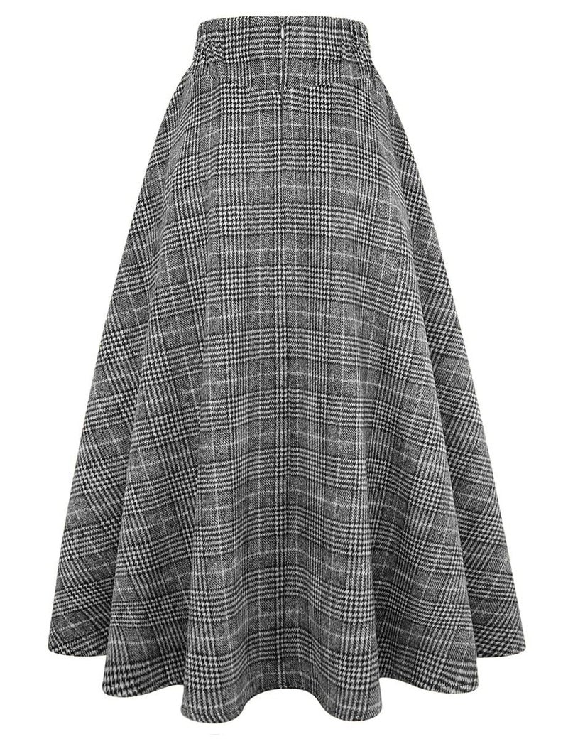 IDEALSANXUN Plaid Skirts for Women Fall Winter High Waisted A Line Wool Tartan Long Pleated Maxi Skirt, Plaid Grid Black, M - Image 2