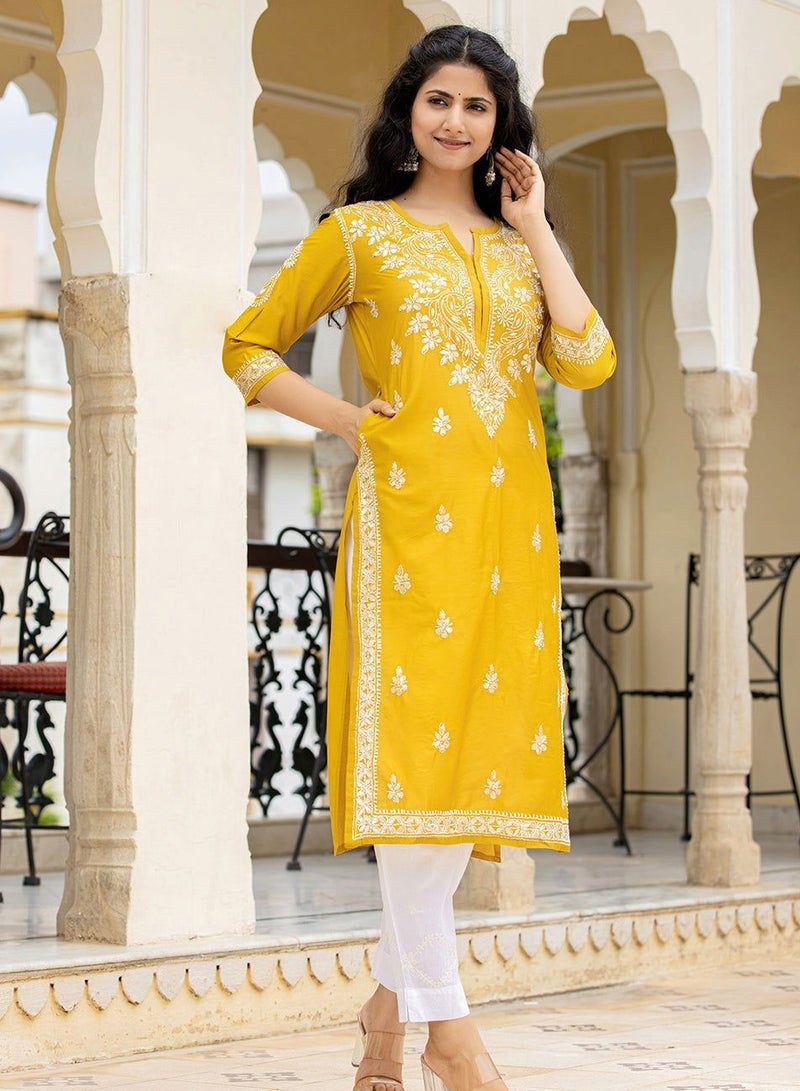 Swadesh Souq طقم كورتا وبنطال قطن لوكنوي شيكانكاري بلون الخردل - Image 5