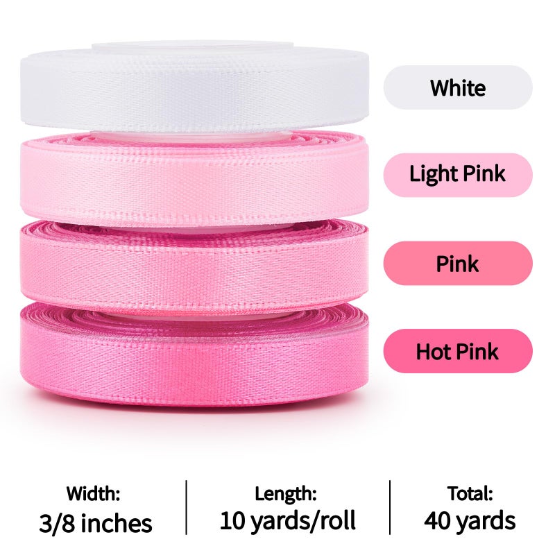 Mauproy 3/8 Inch Pink Satin Ribbon  4 Rolls Total 40 Yards  Double Faced Mixed Pink Thin Ribbon For Gift Wrapping  Flower Bouquets  Crafts  Wedding Christmas Decorations - Image 2